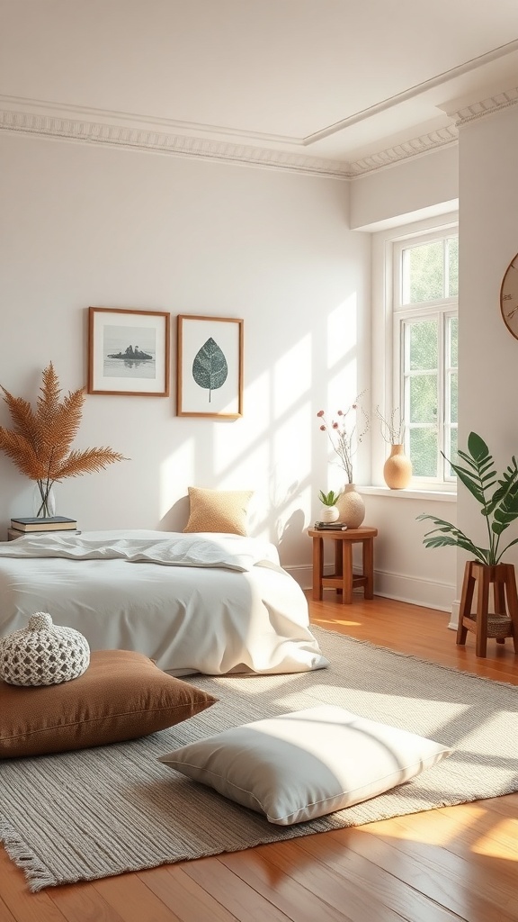 A serene bedroom with natural light, earthy tones, and cozy decor.