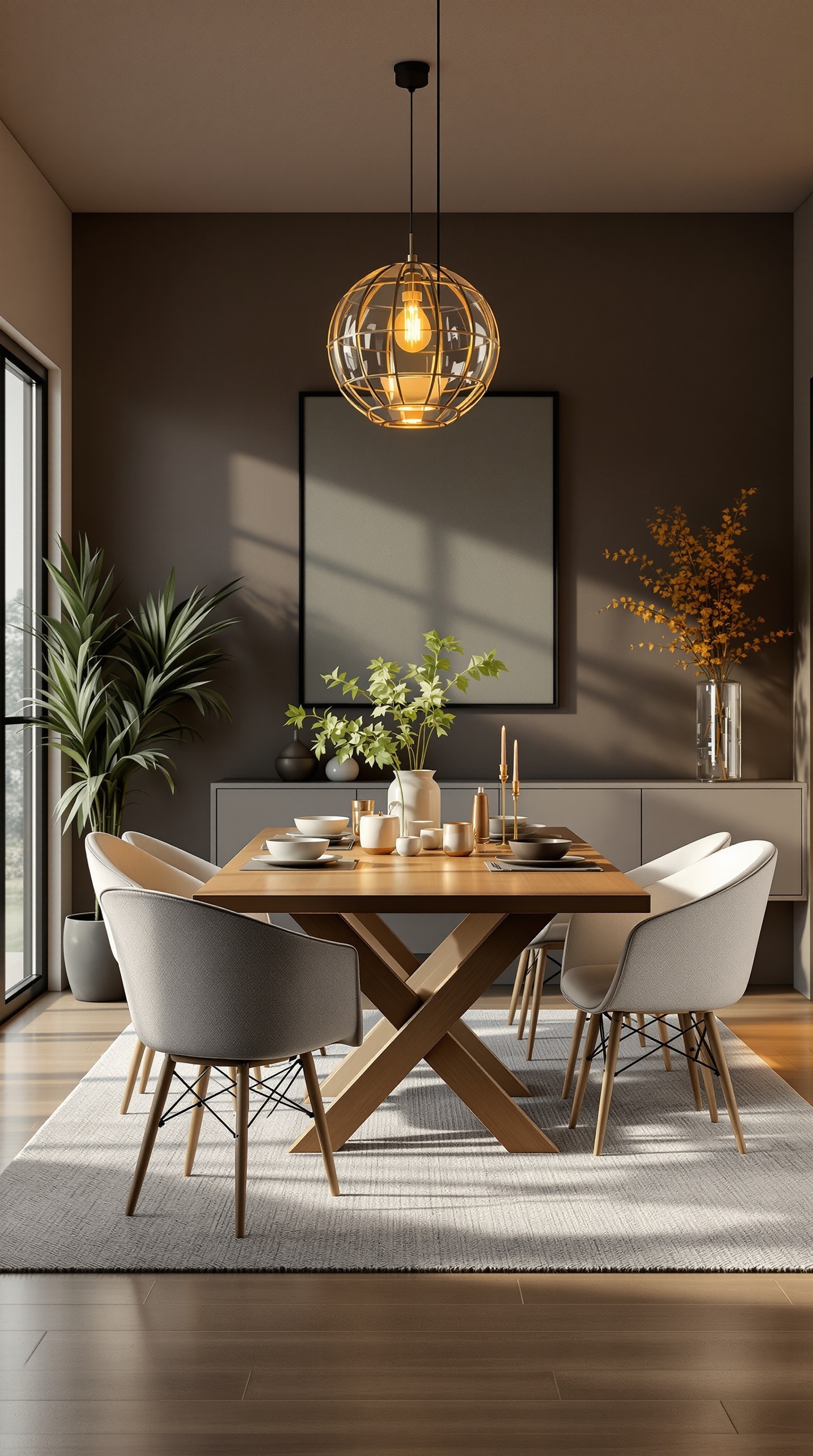 A modern dining area with a wooden table, comfortable chairs, and warm lighting.