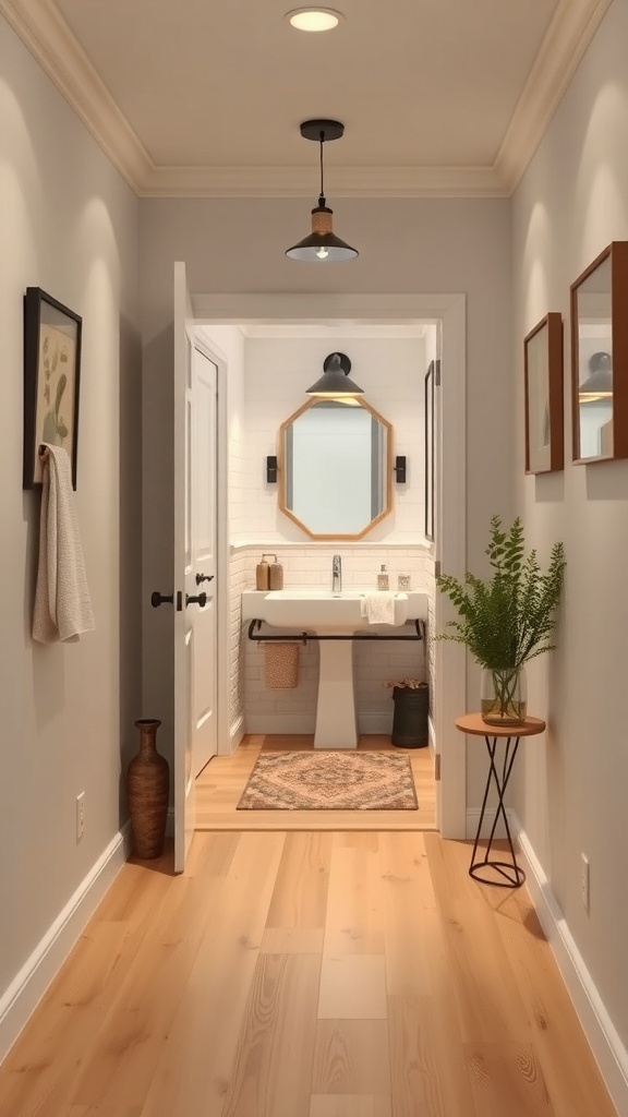 A well-lit entrance to a basement bathroom showcasing warm wood flooring and decorative elements.