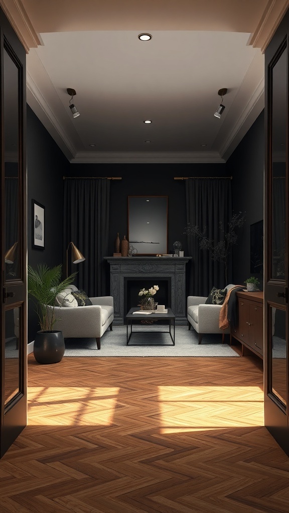 A dark cozy living room with wooden flooring, stylish sofas, and a fireplace, creating an inviting atmosphere.