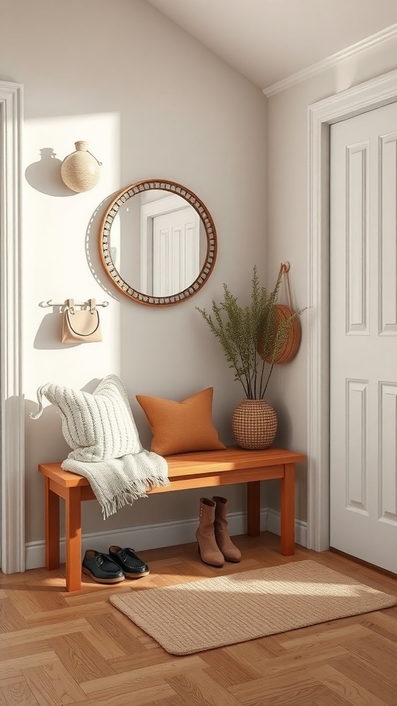 Cozy entryway with a wooden bench, pillows, a mirror, and a plant.