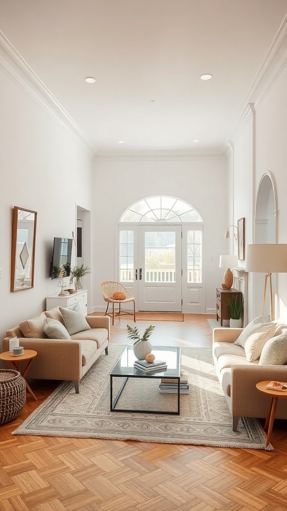 A narrow living room with two sofas, a coffee table, and large windows.