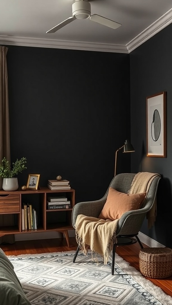 A cozy reading nook in a dark bedroom featuring a comfortable chair, a warm throw, a lamp, and a bookshelf.