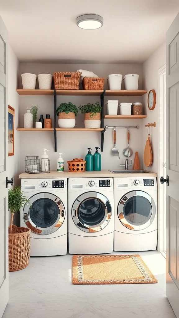 Organized small laundry room with shelves, cleaning supplies, and a cozy rug.