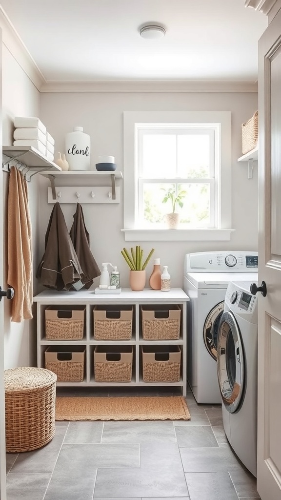 A tidy mud room laundry room combo featuring a washer, storage baskets, and shelves for cleaning supplies.