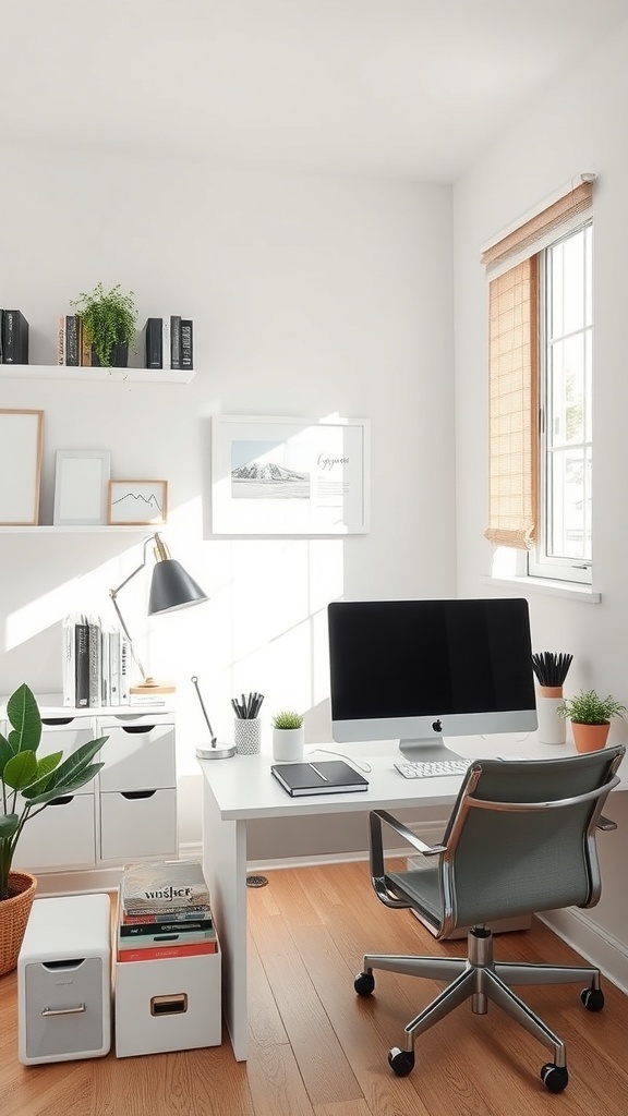 A bright and organized small office with a desk, computer, and plants.