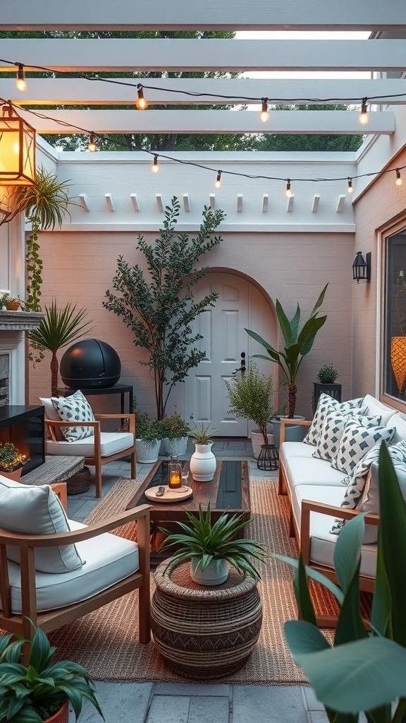 Cozy outdoor patio with comfortable seating, plants, and string lights