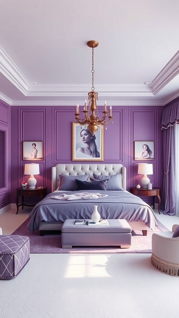 A romantic purple bedroom featuring a rich purple wall, soft bedding, elegant chandelier, and decorative accents.