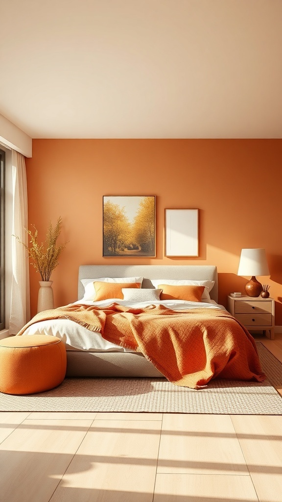 A cozy bedroom featuring burnt orange walls, neutral bedding, and natural light.