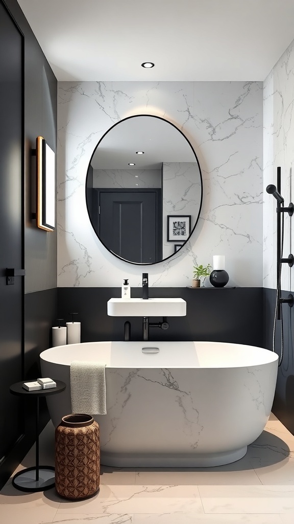 A modern marble bathroom featuring dark accents, including a black wall, round mirror, and stylish fixtures.