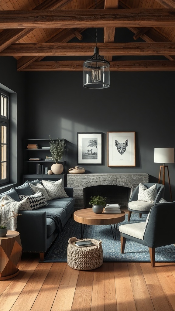 A cozy living room featuring dark walls, a blue sofa, light chairs, and wooden beams.