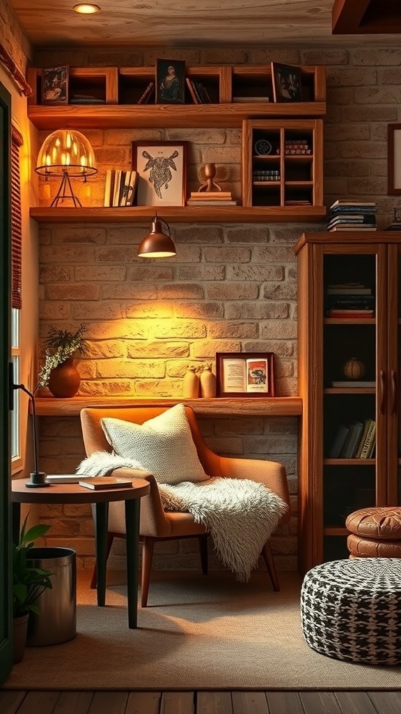 A cozy nook featuring a comfortable chair, warm lighting, and rustic decor.