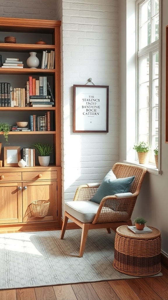 A cozy nook with a chair, bookshelf, and plants in a rustic home design.