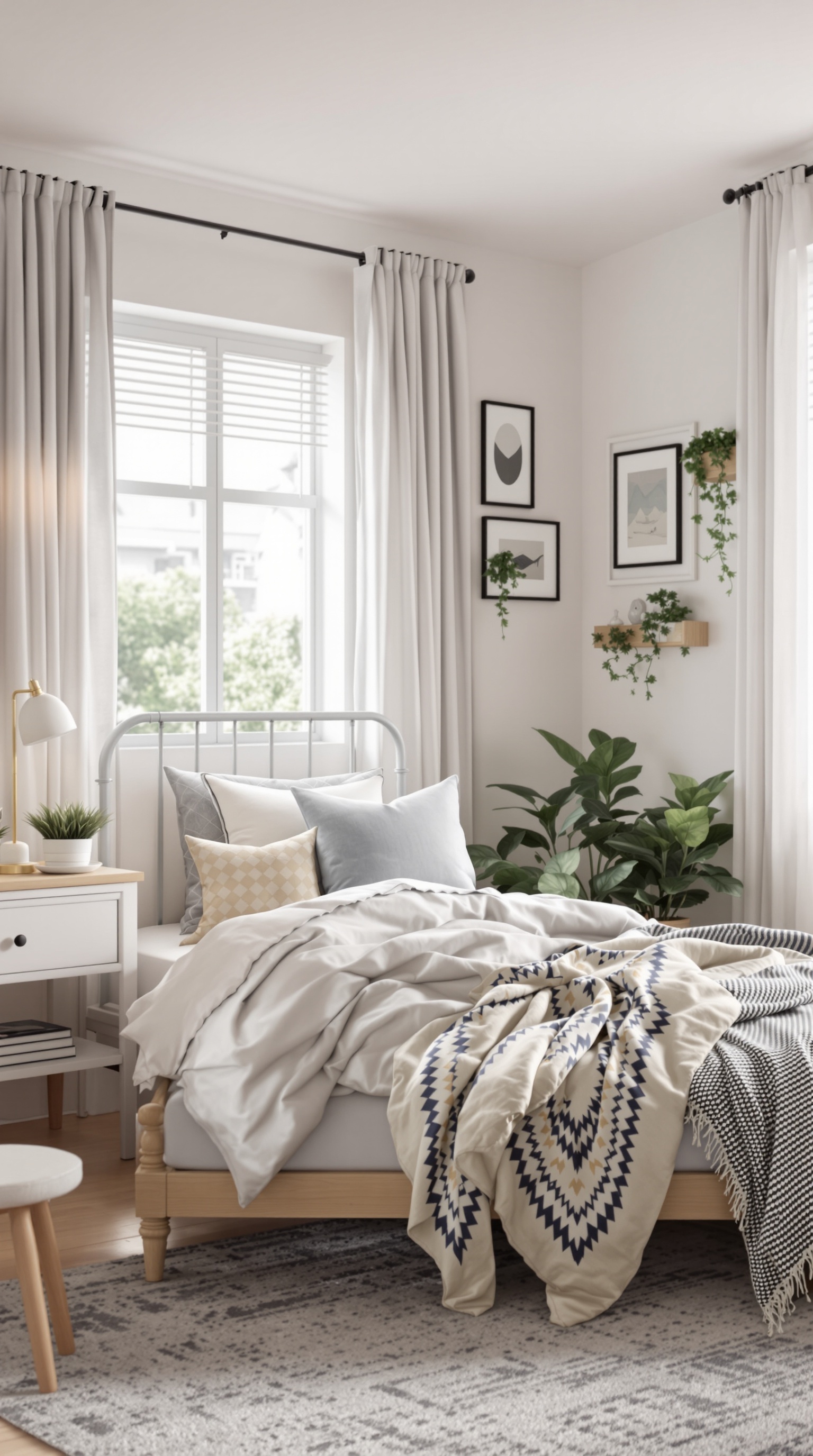 A cozy shared bedroom for a boy and girl, featuring a neatly made bed, decorative pillows, and plants.