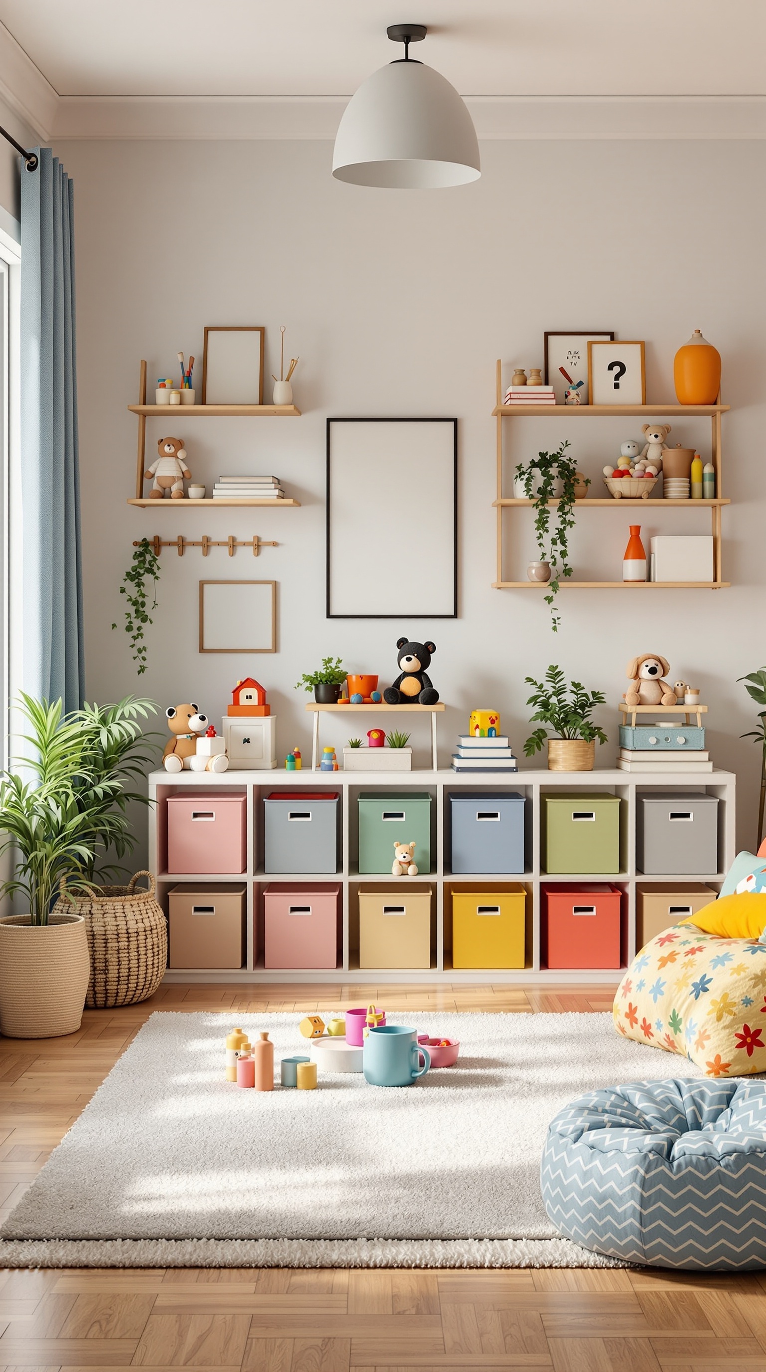 A well-organized toy room with colorful storage bins, shelves, and a cozy play area.