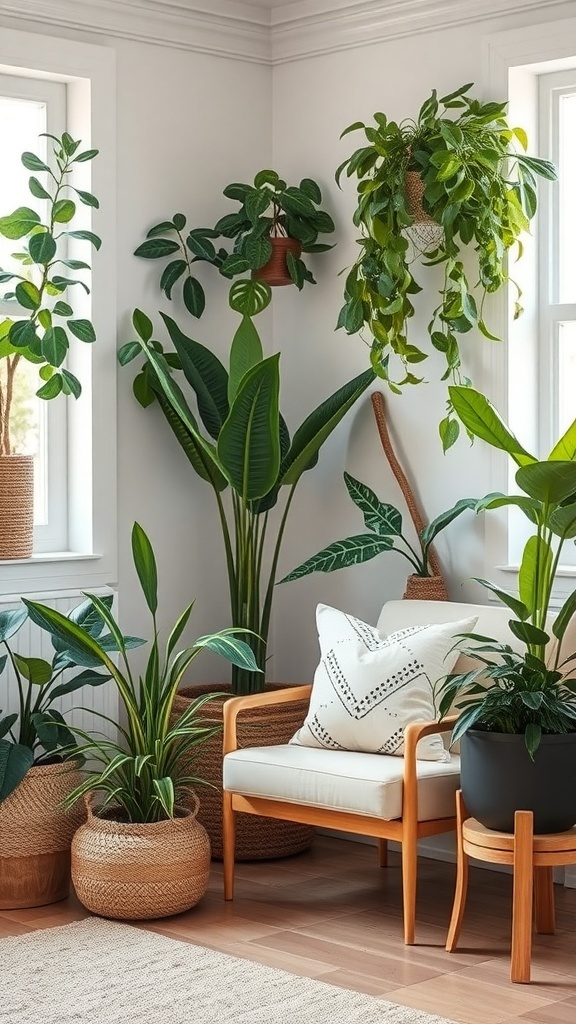 A cozy indoor space filled with various plants, featuring a comfortable chair and natural decor.
