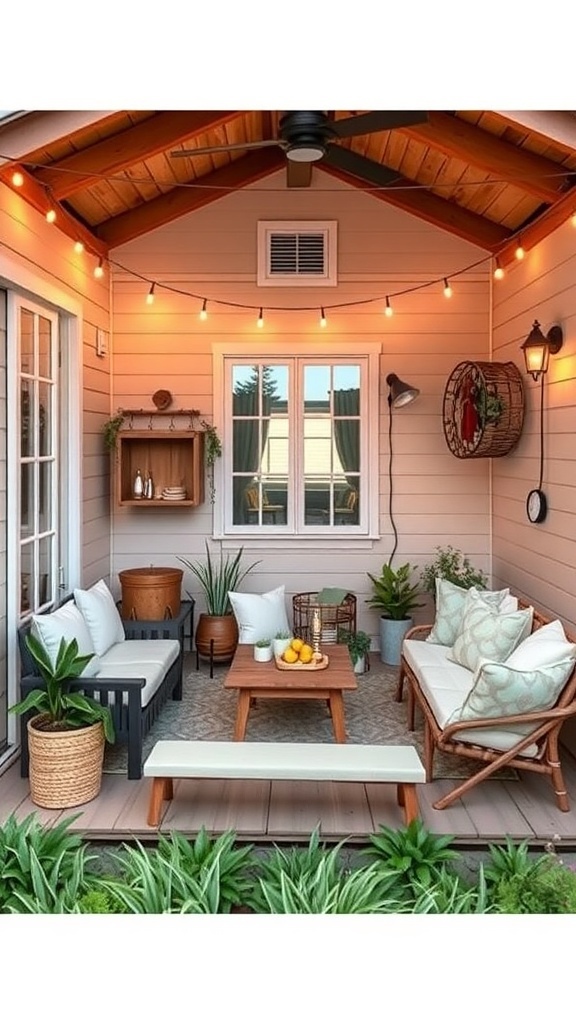 Cozy outdoor living area with seating, plants, and warm string lights