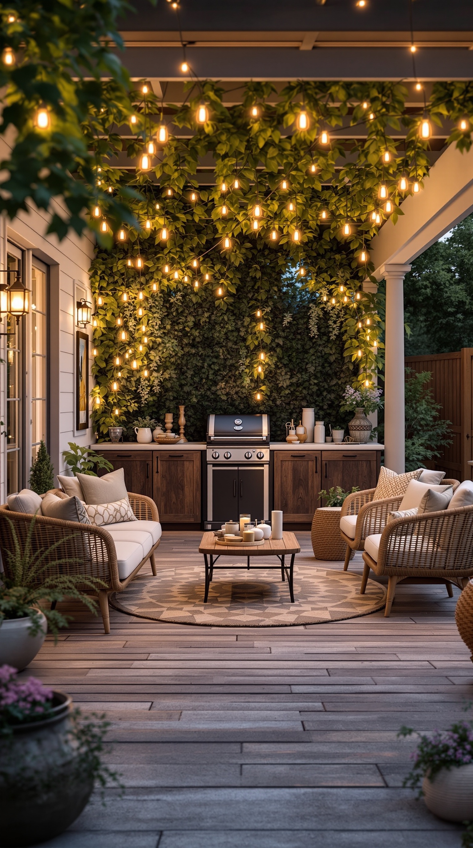 Cozy outdoor living space with seating, grill, and warm lighting