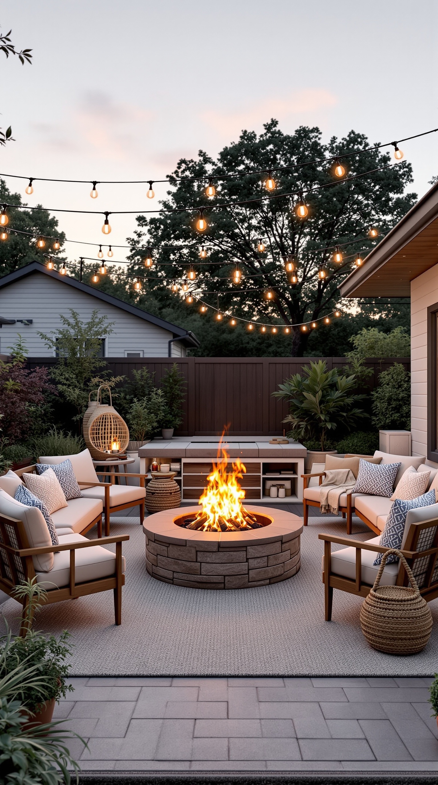Cozy outdoor space with a fire pit, comfortable seating, and string lights.