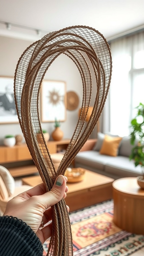 A hand holding curled brown deco mesh in a cozy living room setting.
