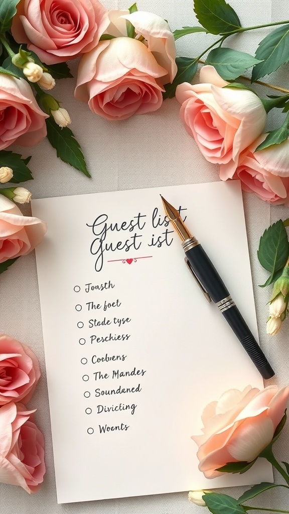 A guest list with a pen and pink roses on a table.