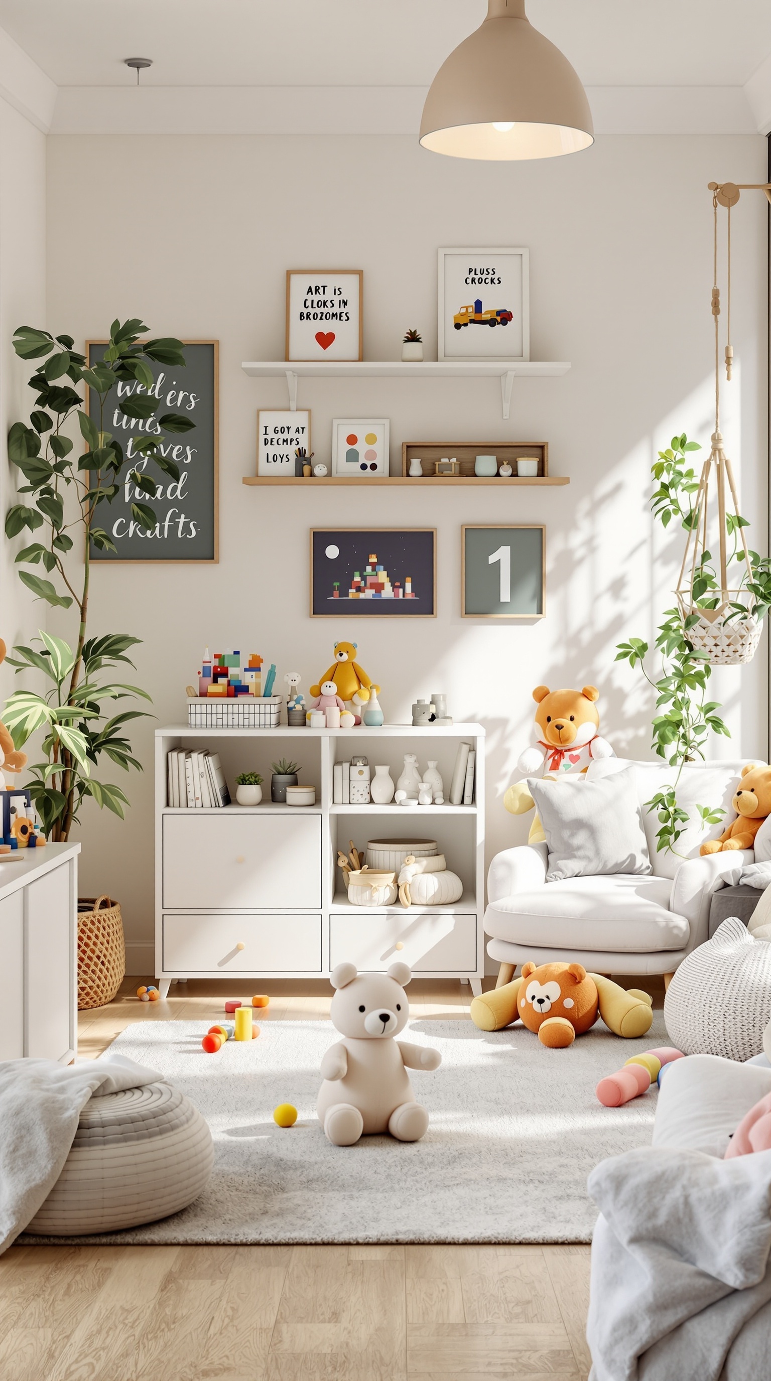 A bright play area with organized toys, including stuffed animals and building blocks.