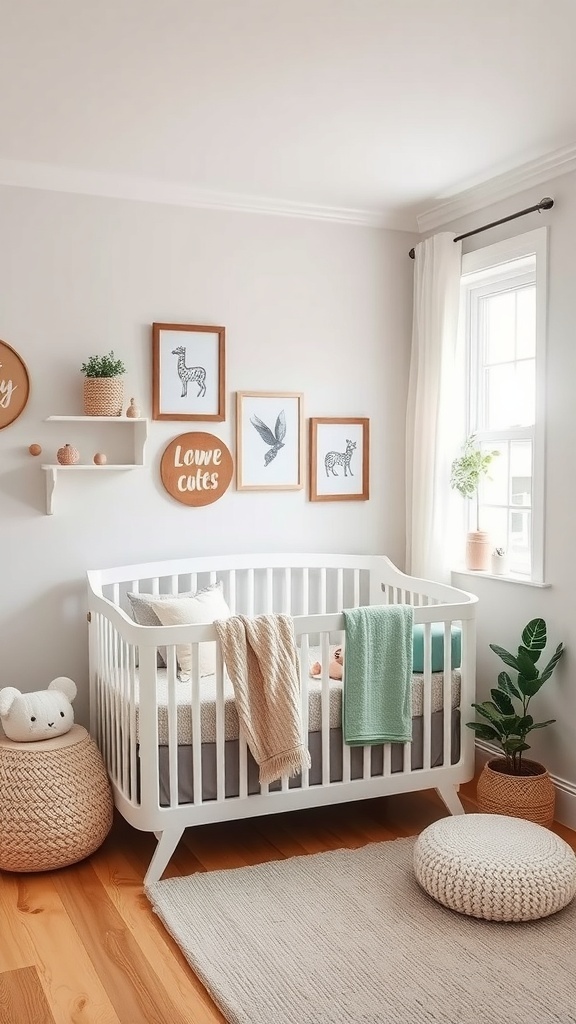 A small nursery layout featuring a crib, plush rug, pouf, and decorative wall art.