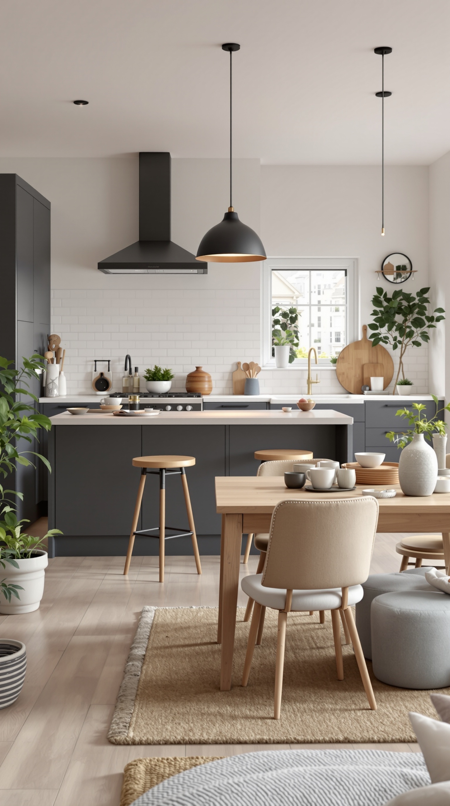 A modern kitchen diner family room with distinct zones for cooking, dining, and relaxing.