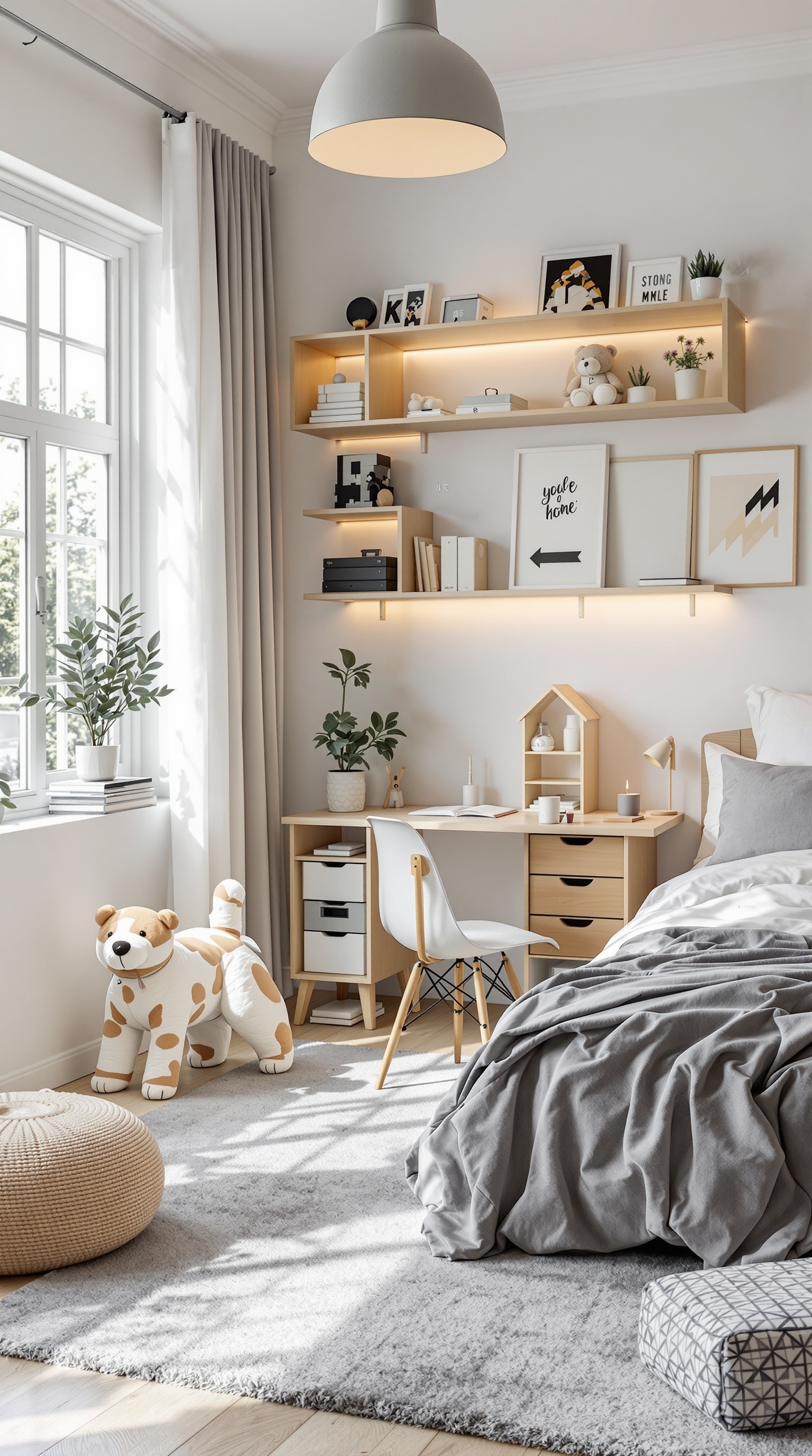 A well-organized kids room with defined zones for studying, playing, and sleeping.
