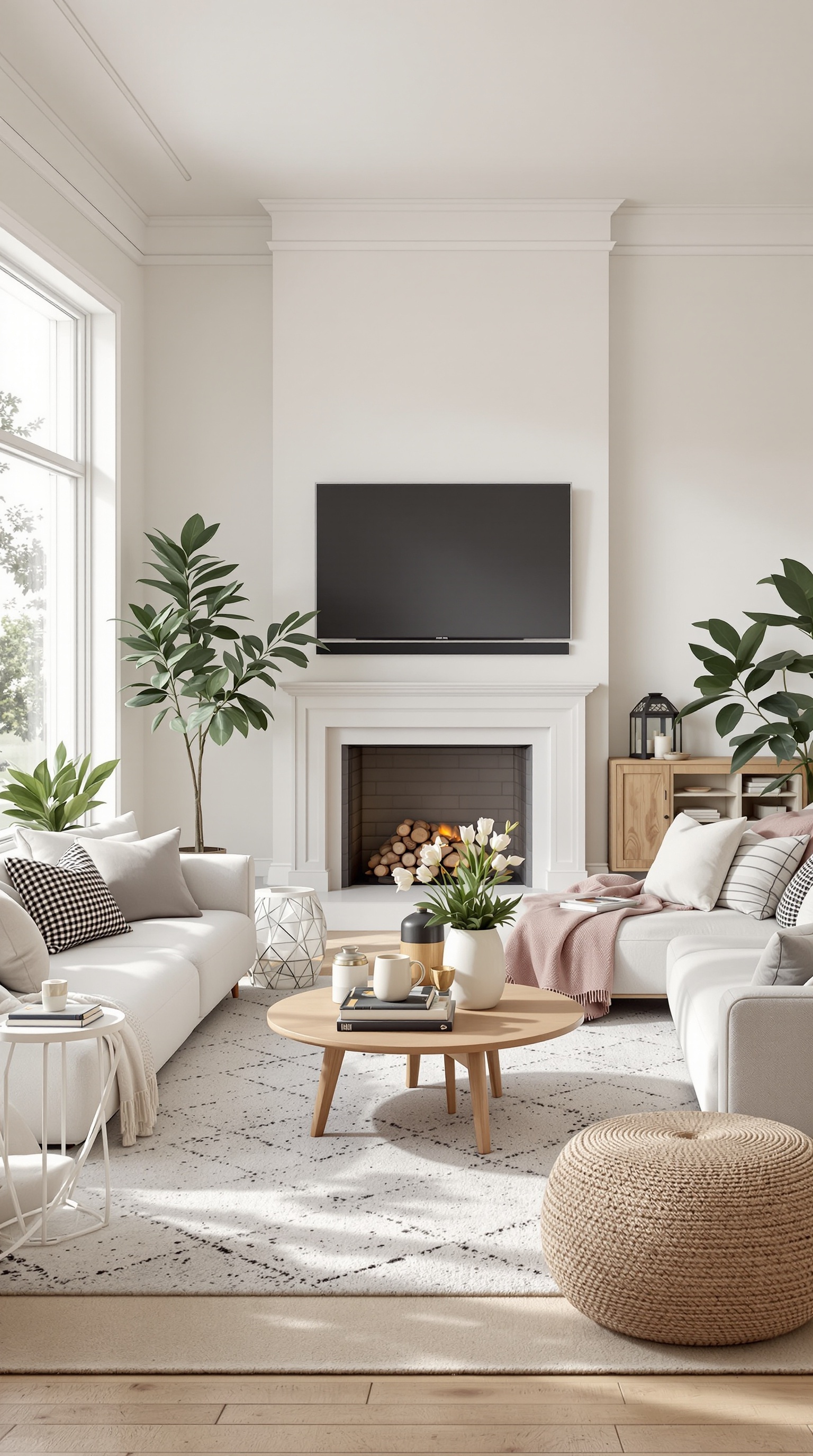 A cozy family room featuring a fireplace, comfortable sofas, a coffee table, and plants, creating distinct zones for relaxation and entertainment.