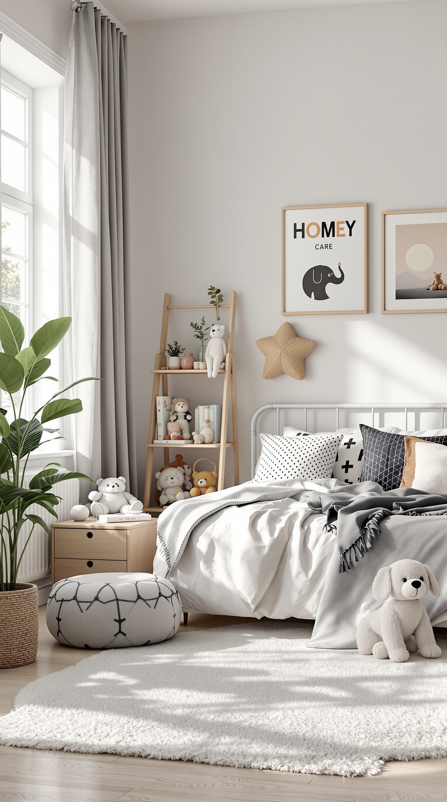 A stylish toddler room featuring a cozy bed, soft rug, shelving unit with toys, and a plant.