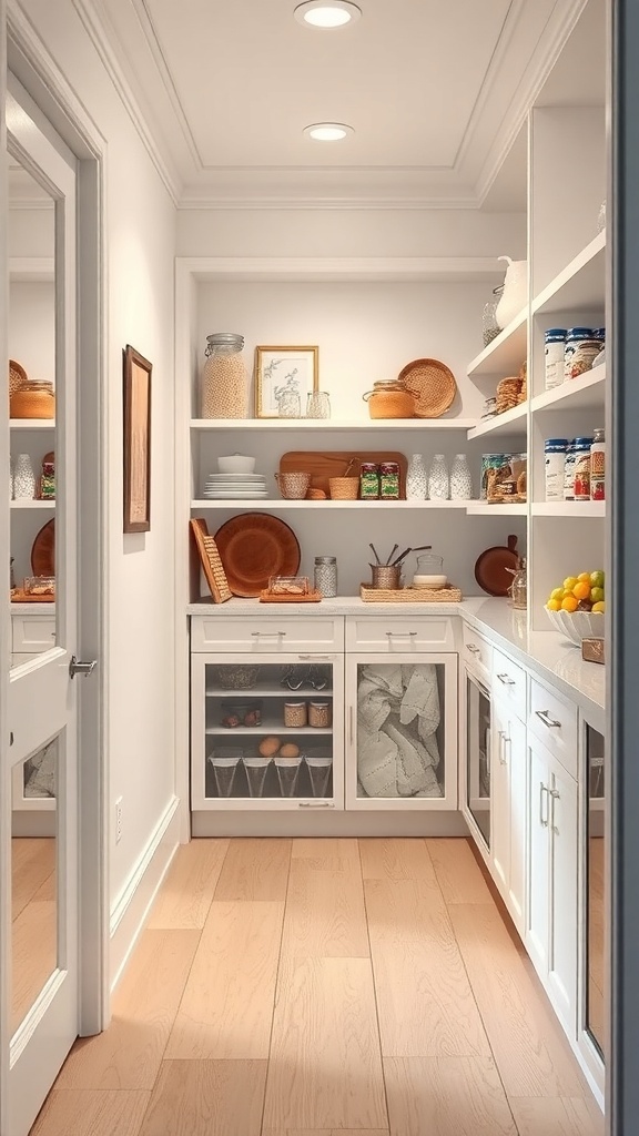 A small walk-in pantry with organized shelves, jars, and a glass-front cabinet.