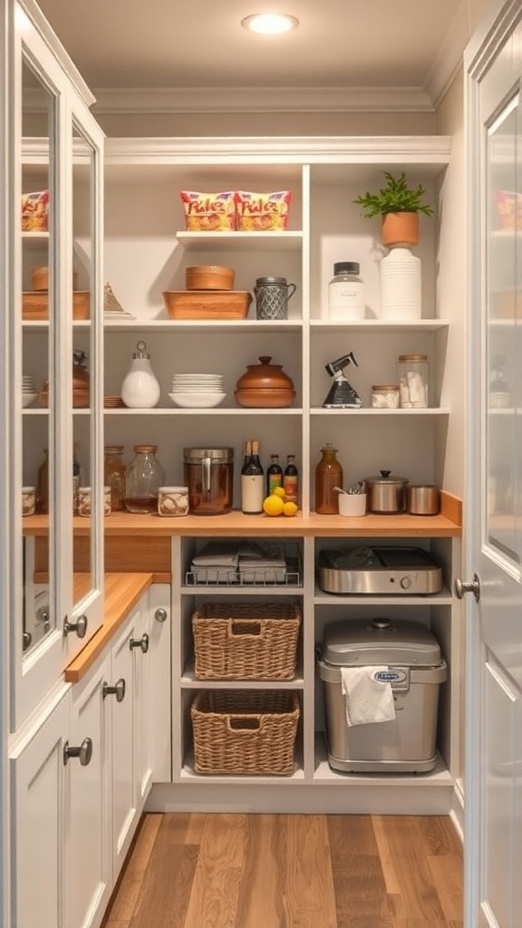 A well-organized small pantry with shelves displaying various food items, jars, and baskets.