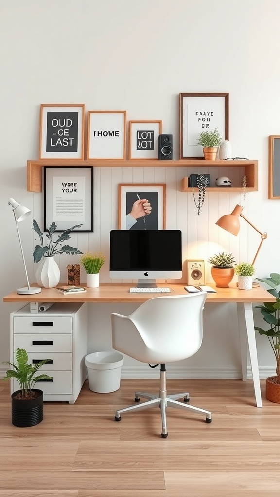 A well-organized desk with a computer, plants, and framed art.