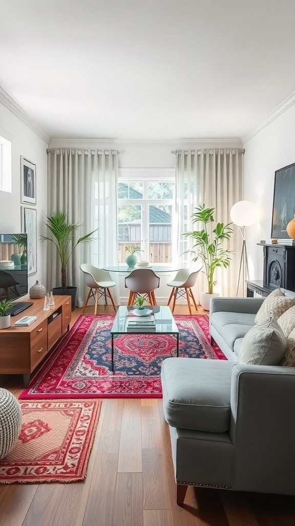 A cozy living room featuring two area rugs that define different zones, with a coffee table and seating arrangement.