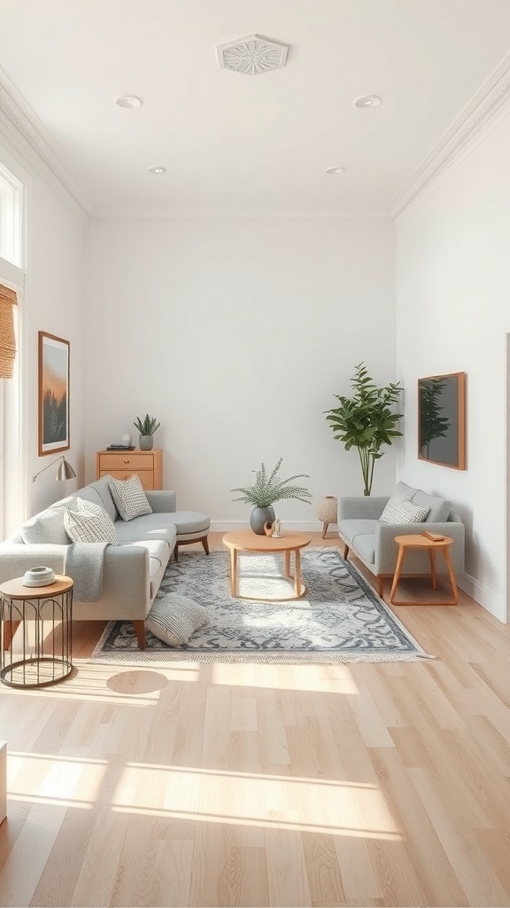 A narrow living room with a cozy layout featuring a light-colored sofa, a coffee table on a patterned area rug, and plants for a fresh touch.