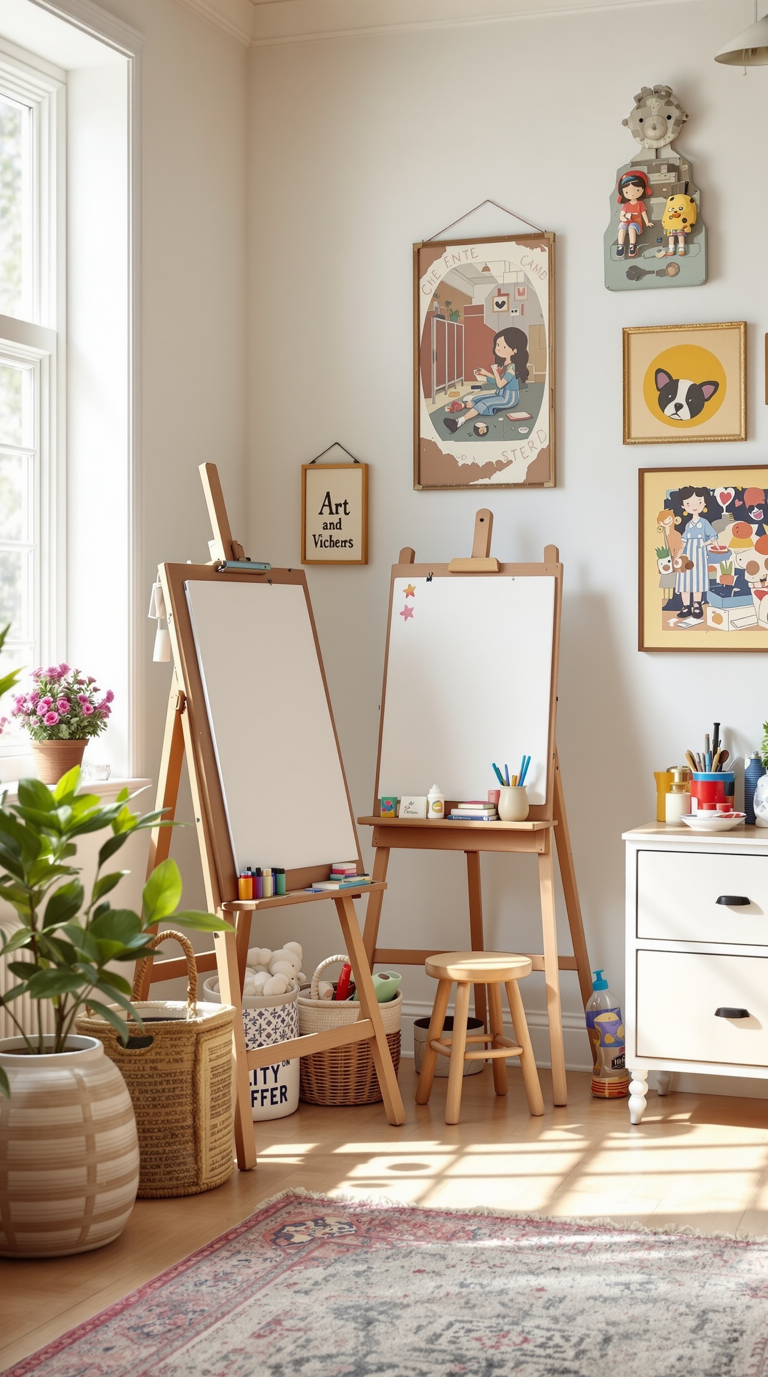 A cozy vintage kids' room featuring easels, art supplies, and colorful decor.