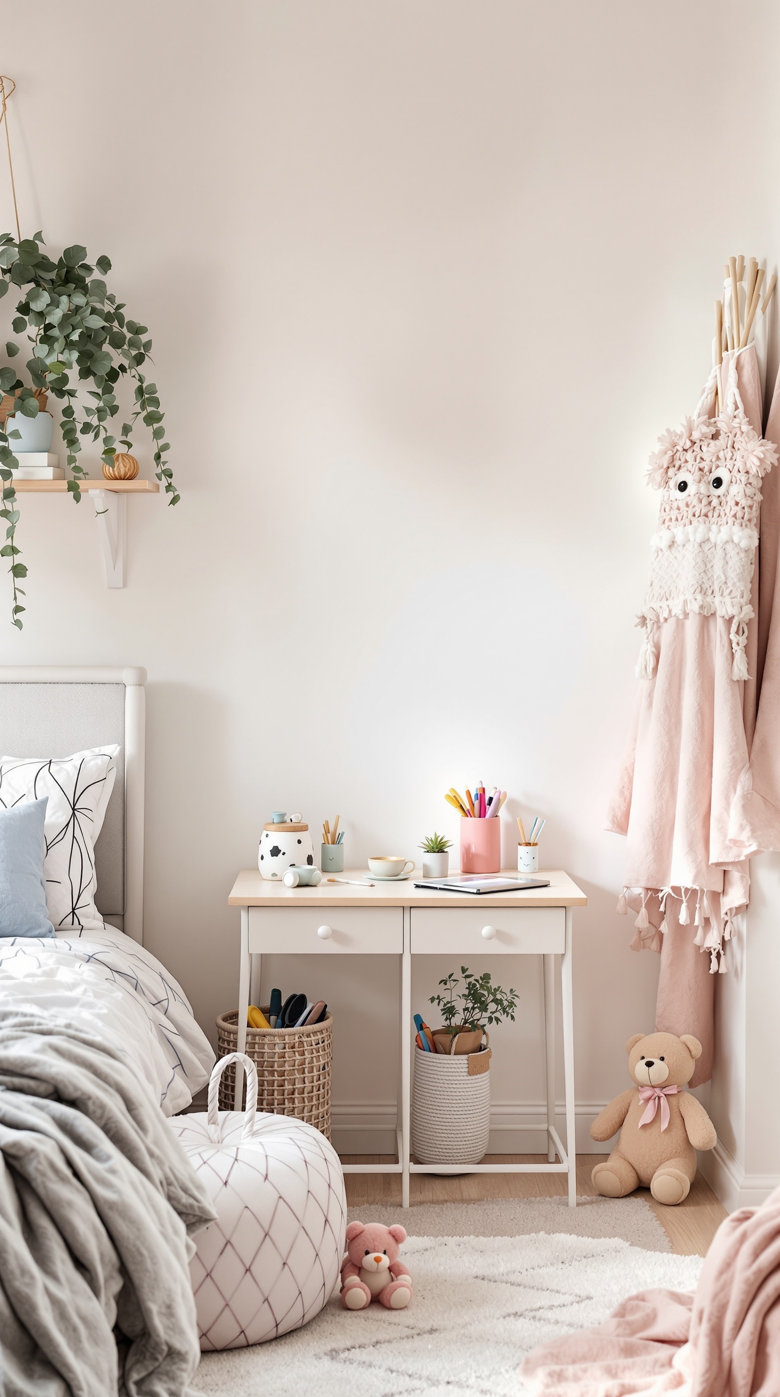 A cozy toddler bedroom featuring a creative art and craft corner with colorful supplies, a small desk, and soft toys.