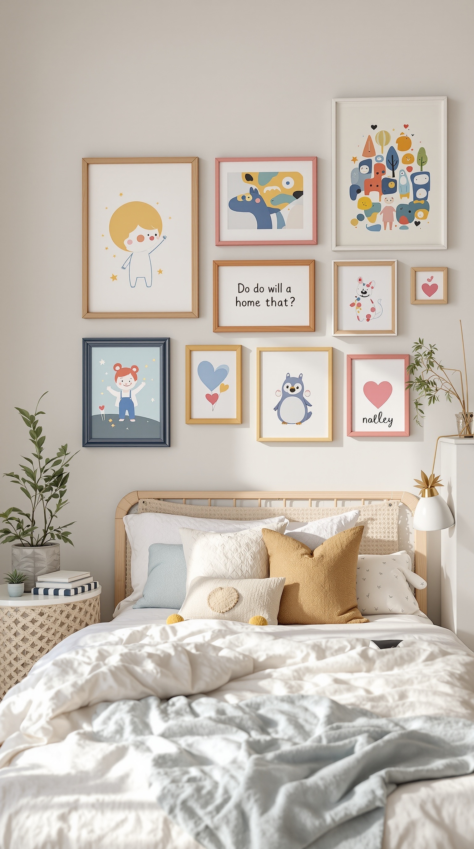 A colorful art display on a wall in a toddler's bedroom featuring various playful illustrations in frames.