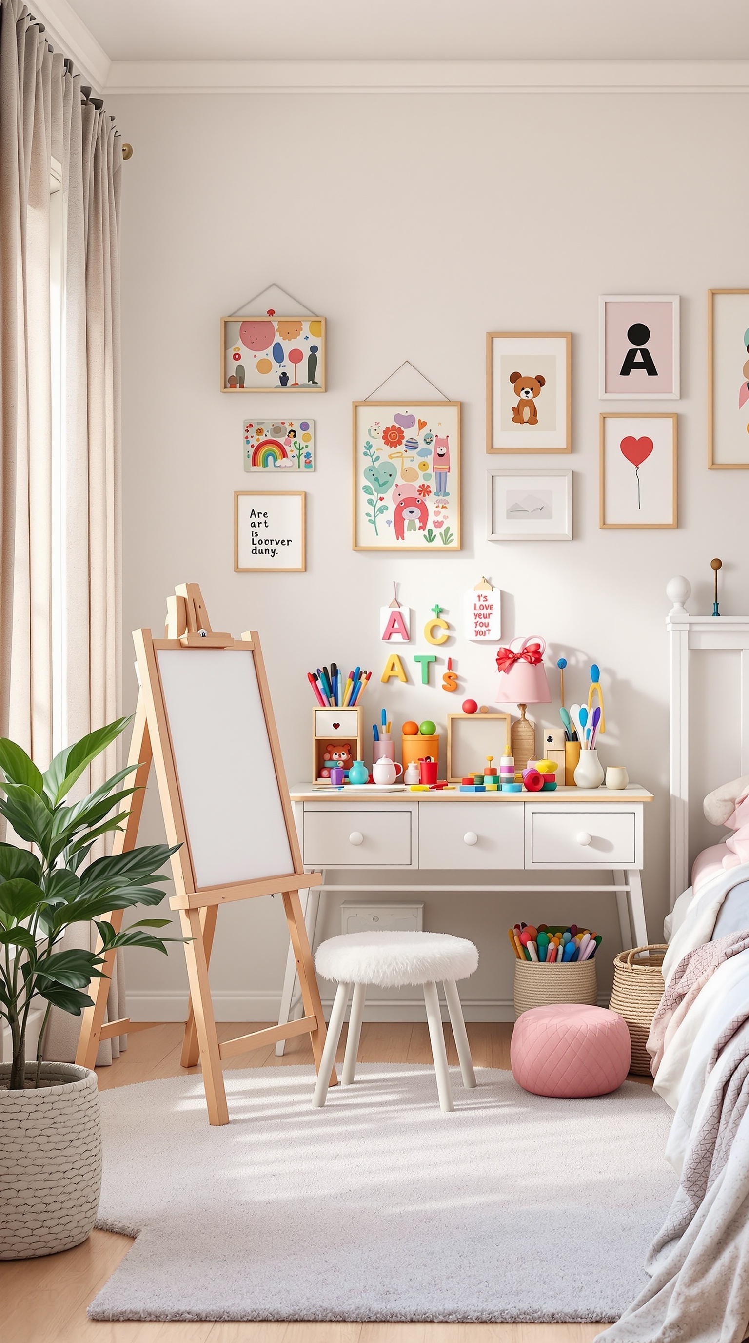 A colorful and creative art space in a toddler girl's bedroom featuring an easel, art supplies, and cheerful wall decor.