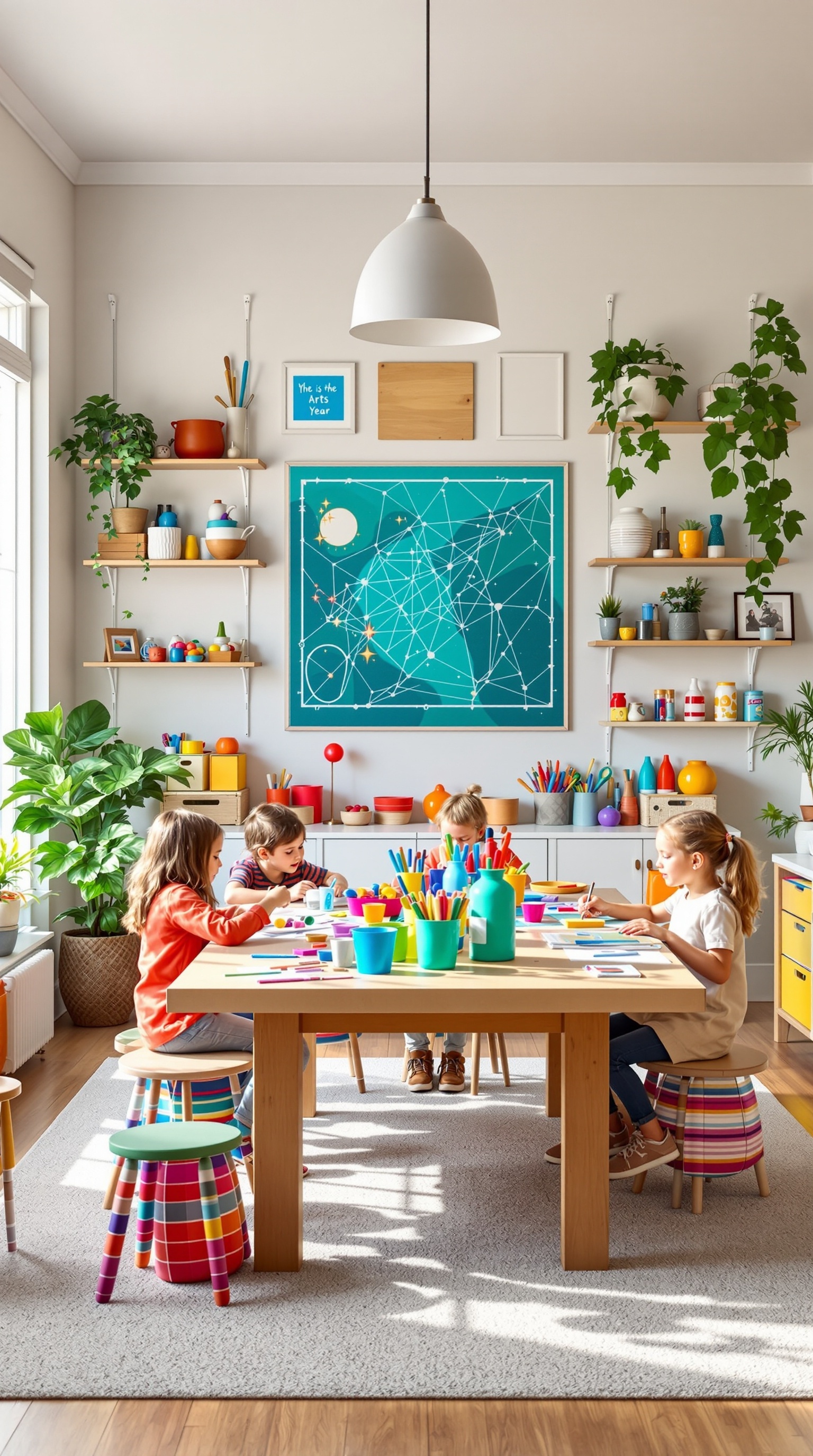 Children engaged in arts and crafts in a colorful creative space