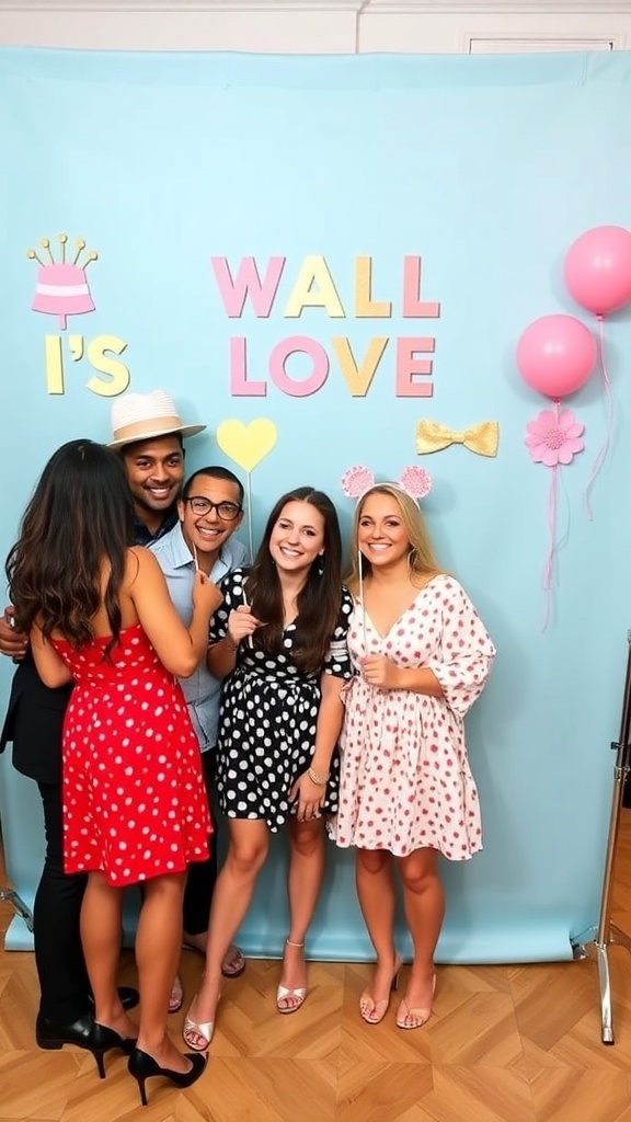 A group of friends posing in a baby blue photo booth with colorful letters and props