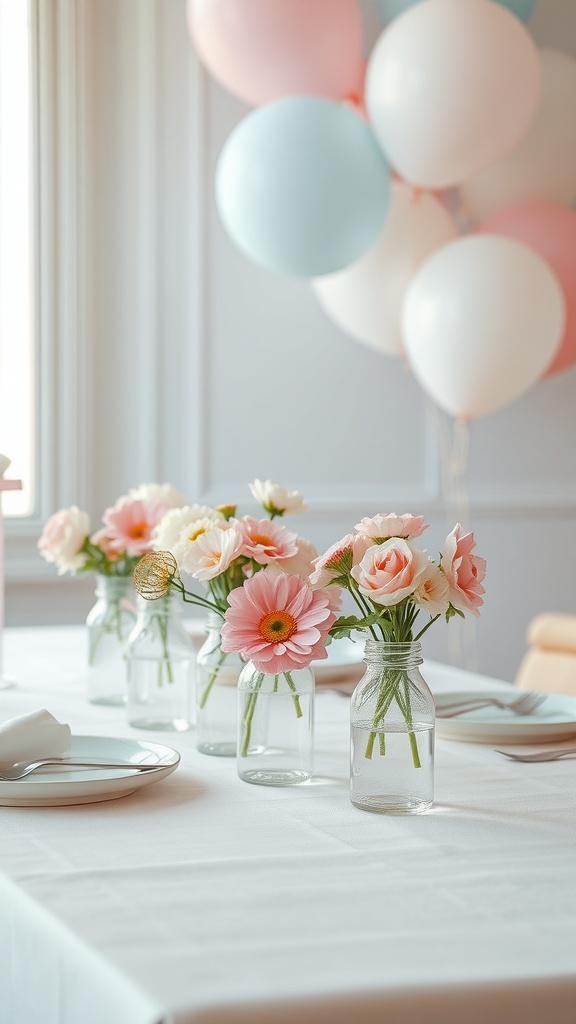 Table decorated with baby bottle vases filled with flowers and pastel balloons in the background.