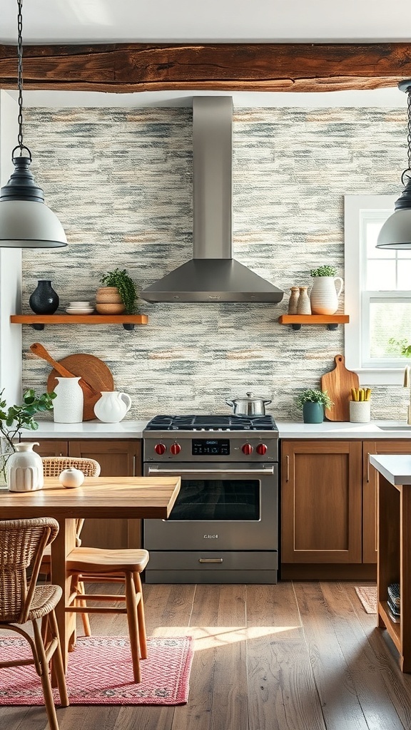 A rustic modern kitchen featuring a textured backsplash, wooden cabinets, and open shelving with decorative items.