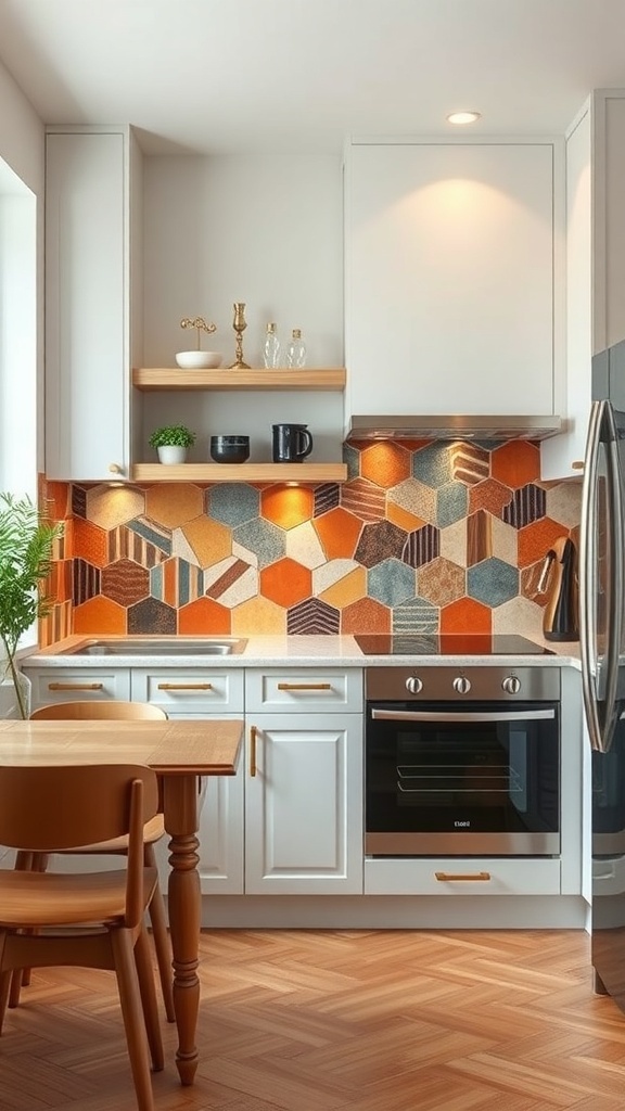 A small kitchen featuring a colorful hexagonal tile backsplash with warm tones, simple cabinetry, and under-cabinet lighting.
