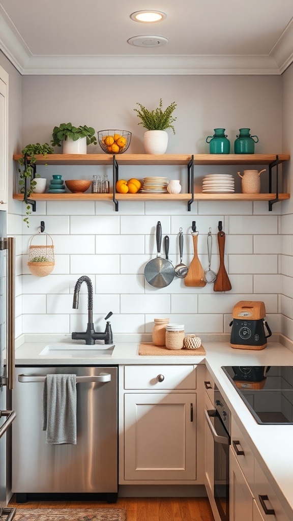 A small kitchen with open shelving and hooks for storage, featuring colorful dishes and plants.