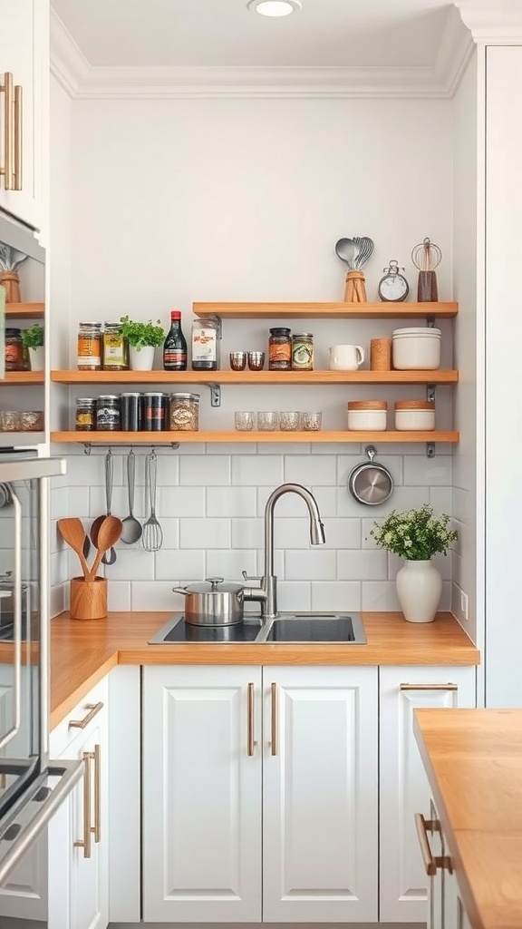 A small kitchen corner with wooden open shelves displaying jars, spices, and decorative items above a sink.