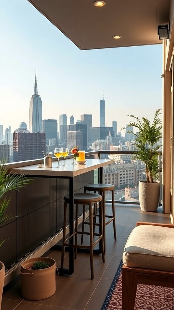 A cozy balcony with a bar setup overlooking a city skyline, featuring drinks, stools, and plants.