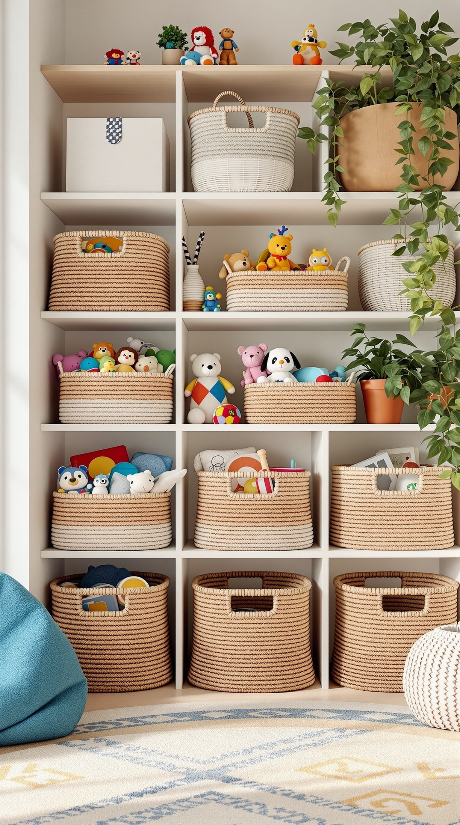 A neatly organized shelf with various woven baskets filled with toys and plush animals, alongside decorative plants.
