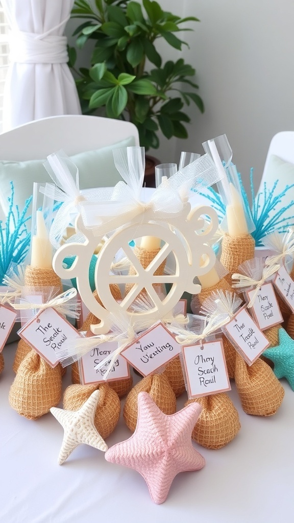 Beach wedding favors featuring burlap pouches and starfish decorations